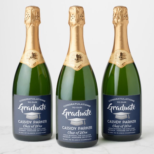 Graduation Party Congrats Navy Blue White Silver Sparkling Wine Label (Bottles)