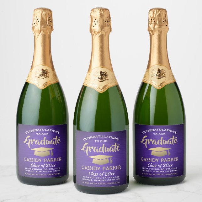 Graduation Party Congrats Purple Gold and White Sparkling Wine Label (Bottles)