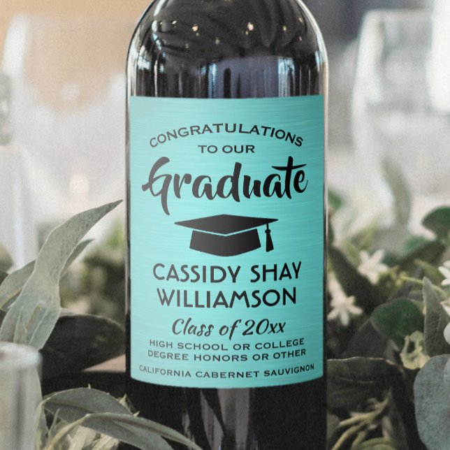 Graduation Party Congrats Trendy Brushed Teal Blue Wine Label (Creator Uploaded)