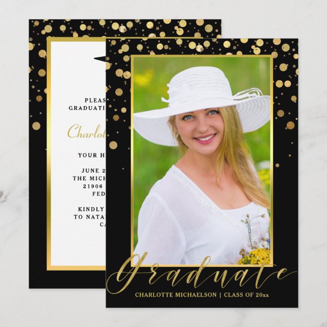 Graduation Party Elegant Black Photo Gold Confetti Invitation (Front/Back)