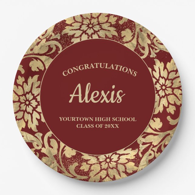 Graduation Party Elegant Burgundy Gold Paper Plate (Front)