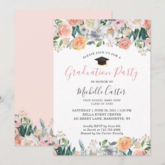 Graduation Party Elegant Garden Bloom Roses Floral Invitation (Front/Back)
