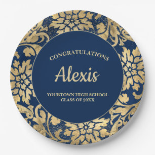 Graduation Party Elegant Navy Blue Gold Paper Plate