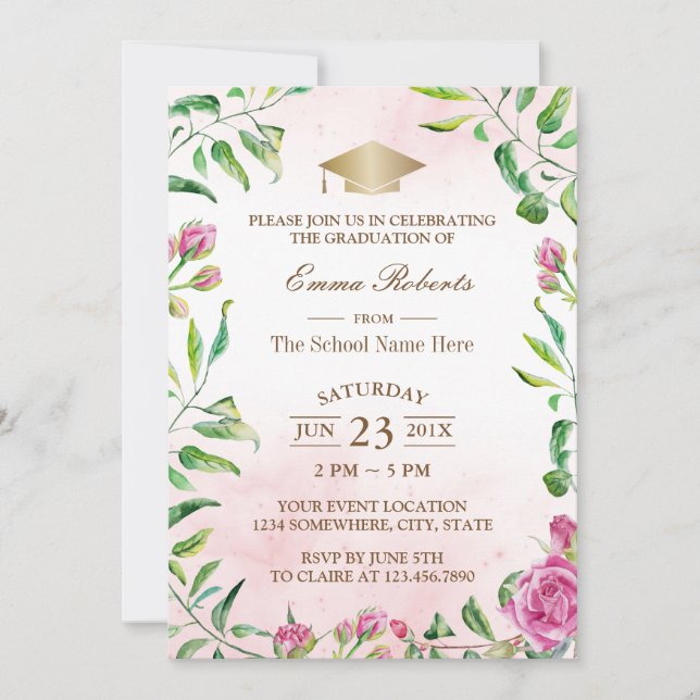Graduation Party Elegant Watercolor Floral Invitation (Front)