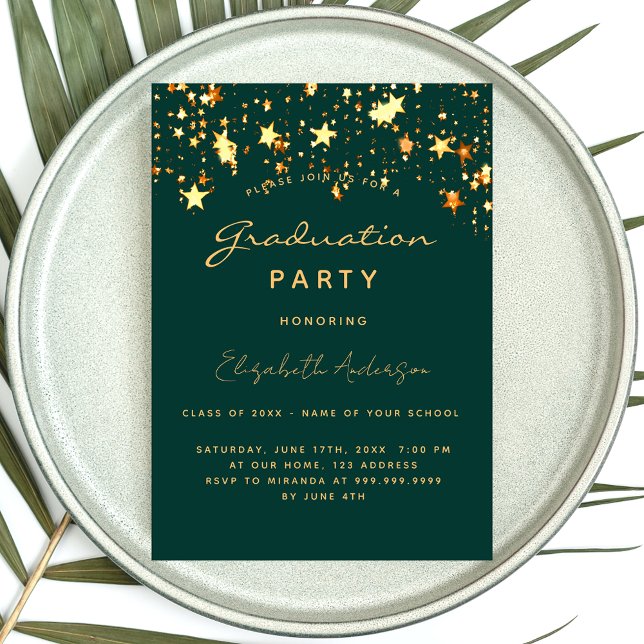 Graduation party emerald green gold stars luxury invitation (Creator Uploaded)