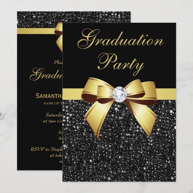 Graduation Party Faux Sequins Bow Black Gold Invitation (Front/Back)