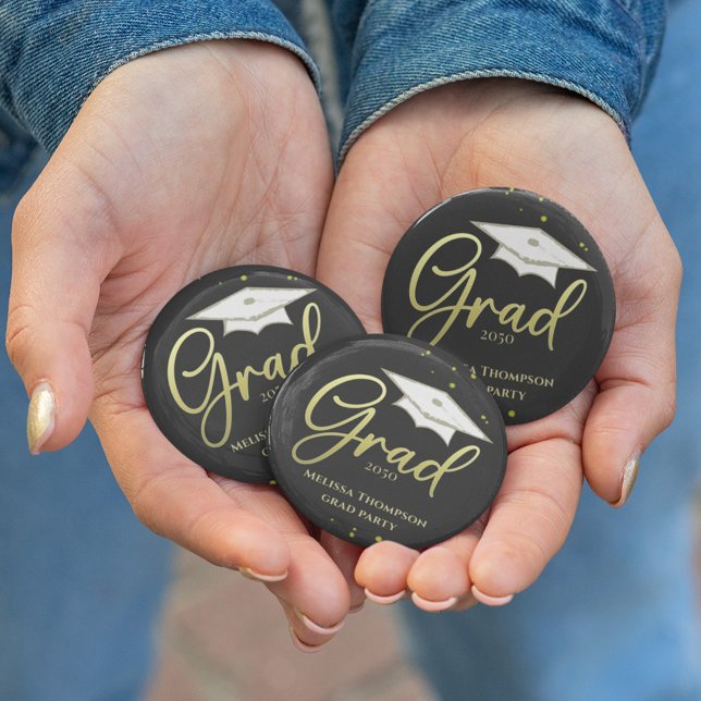 Graduation Party Favour Custom Script  6 Cm Round Badge (Gold script graduation party button with elegant typography on classic black background.)