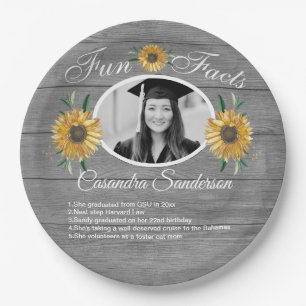 Graduation Party Fun Facts Sunflower Grey Wood   Paper Plate