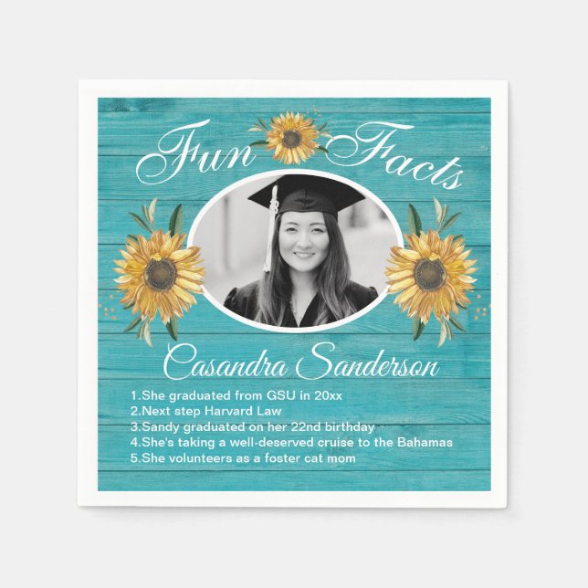 Graduation Party Fun Facts Sunflower Teal Wood Napkin (Front)