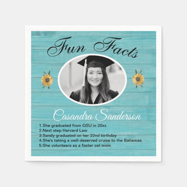 Graduation Party Fun Facts Sunflower Teal Wood Napkin (Front)