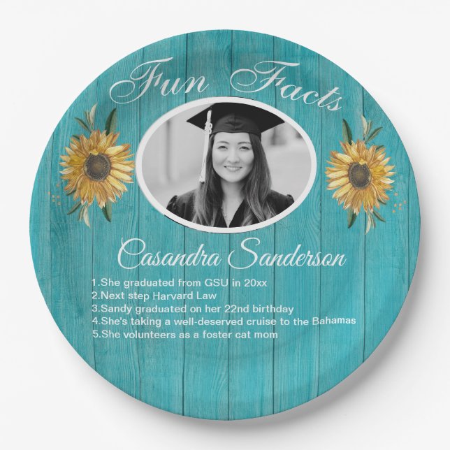 Graduation Party Fun Facts Sunflower Teal Wood  Pa Paper Plate (Front)