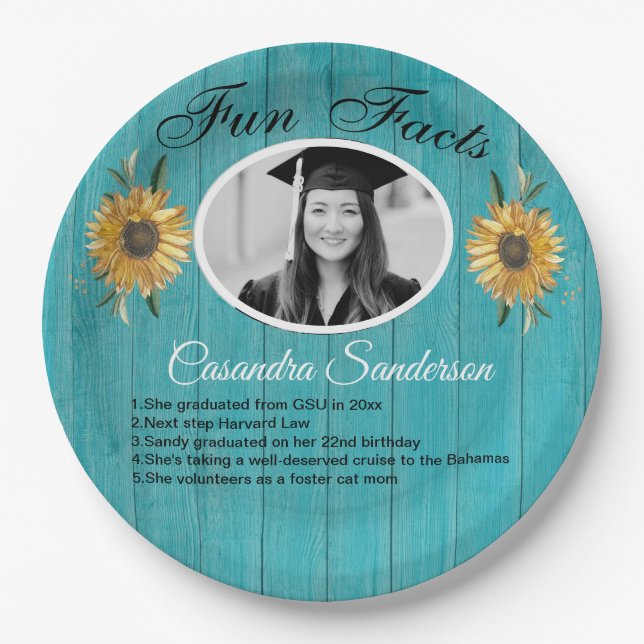Graduation Party Fun Facts Sunflower Teal Wood  Paper Plate (Front)