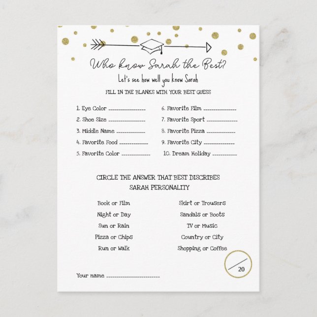 Graduation Party Game, Know the Graduate Game,  Postcard (Front)