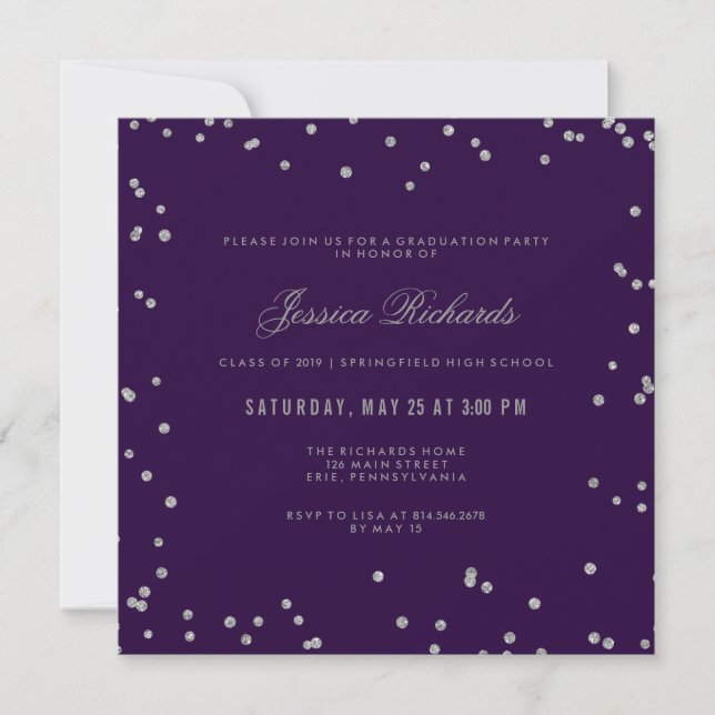 Graduation Party Glam Purple and Silver Confetti Invitation (Front)