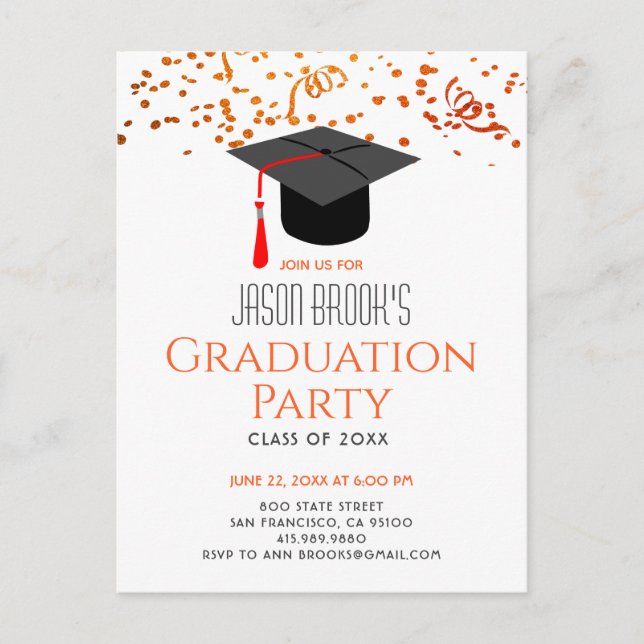 Graduation Party Glitter Confetti Grad Cap Invitation Postcard (Front)