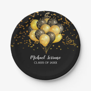Graduation Party Gold And Black Balloons Confetti Paper Plate