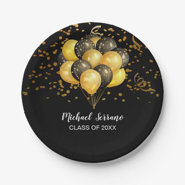 Graduation Party Gold And Black Balloons Confetti Paper Plate (Front)