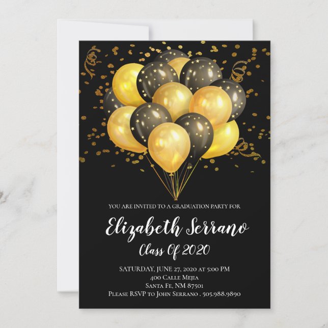 Graduation Party Gold & Black Balloons & Confetti Invitation (Front)