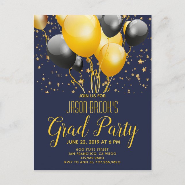 Graduation Party Gold  Black Balloons On Black Announcement Postcard (Front)