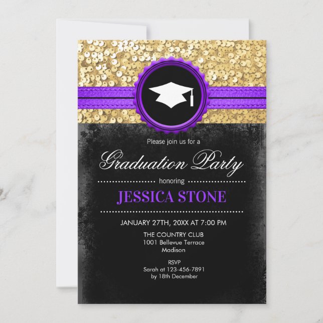 Graduation Party - Gold Black Purple Invitation (Front)