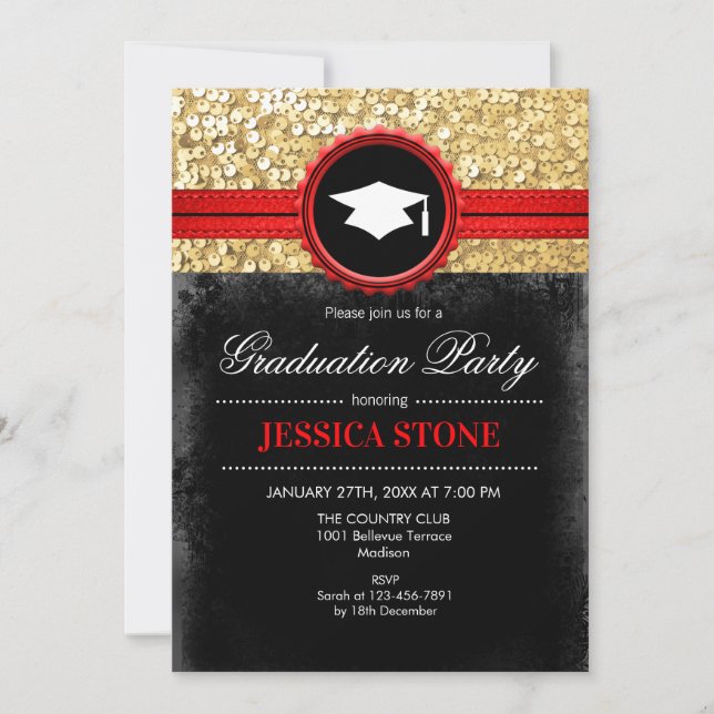 Graduation Party - Gold Black Red Invitation (Front)