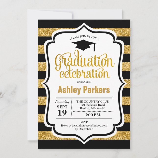 Graduation Party - Gold Black Stripes Invitation (Front)