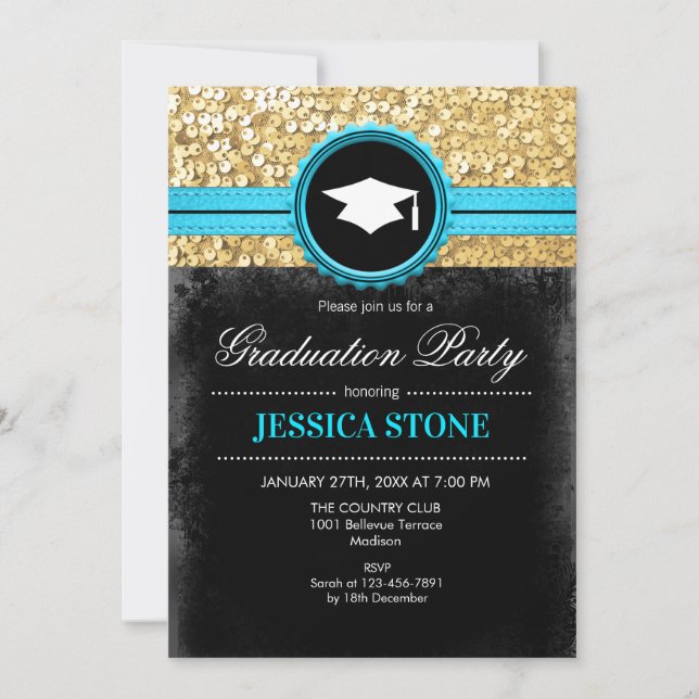 Graduation Party - Gold Black Turquoise Invitation (Front)