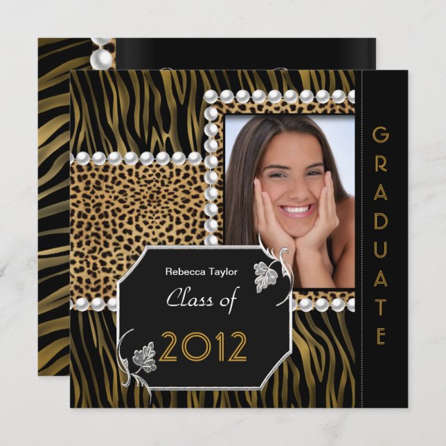 Graduation Party Gold Black White Leopard Zebra Invitation (Front/Back)