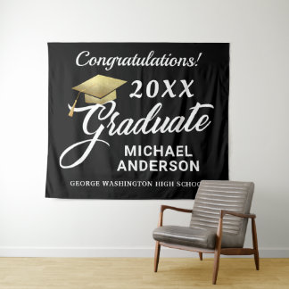 Graduation Party Gold Cap Custom Backdrop Tapestry