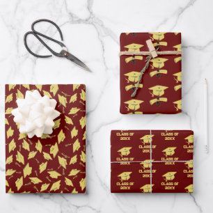 Graduation Party Gold Caps on Maroon Gift Wrap