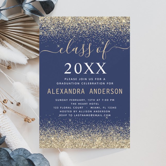 Graduation Party Gold Navy Blue Class of 2025 Invitation (Creator Uploaded)