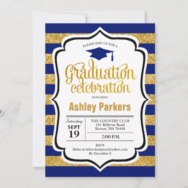 Graduation Party - Gold Navy Blue Stripes Invitation (Front)