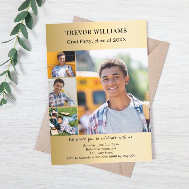 Graduation party gold photo collage invitation (Creator Uploaded)