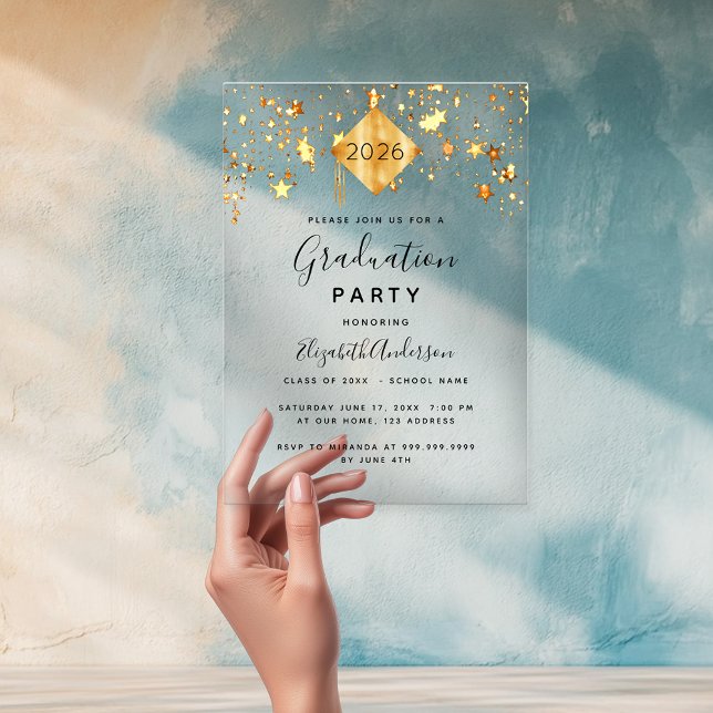 Graduation party gold stars cap topper clear acrylic invitations (Creator Uploaded)