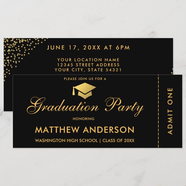 Graduation Party Gold Ticket Glitter Invitation (Front/Back)