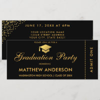Graduation Party Gold Ticket Glitter Invitation