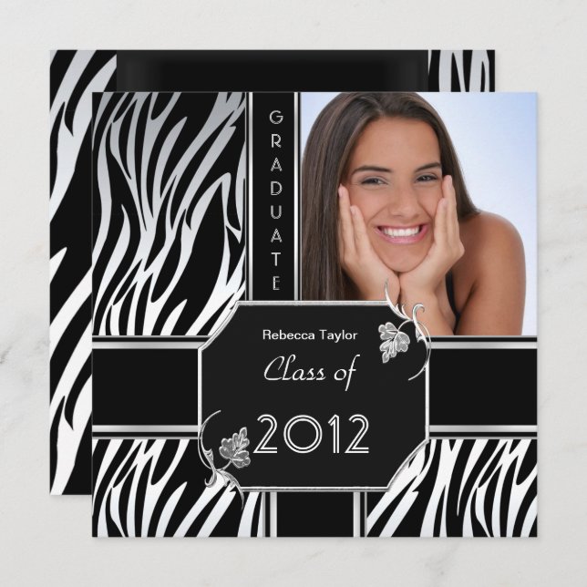 Graduation Party Grad Black White Zebra Animal Invitation (Front/Back)
