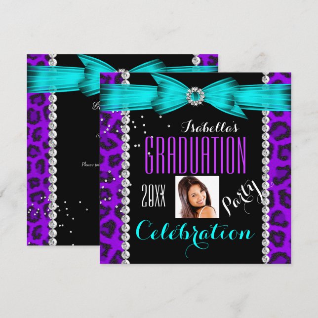 Graduation Party Grad Purple Teal Blue Leopard Invitation (Front/Back)