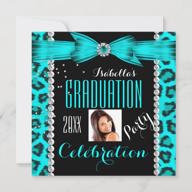Graduation Party Grad Teal Blue Leopard Photo Invitation (Front)