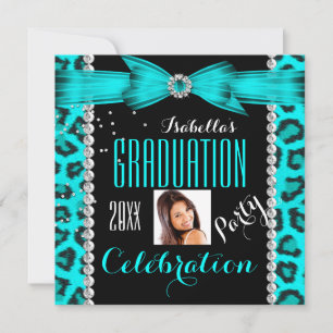 Graduation Party Grad Teal Blue Leopard Photo Invitation