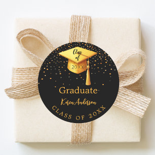 Graduation party graduate black gold cap 2025 classic round sticker