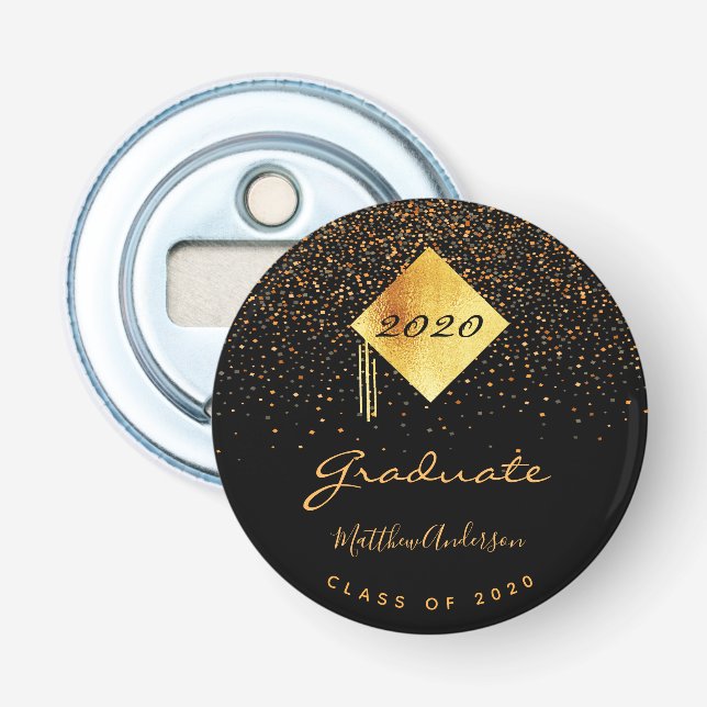 Graduation party graduate black gold confetti bottle opener (Front)