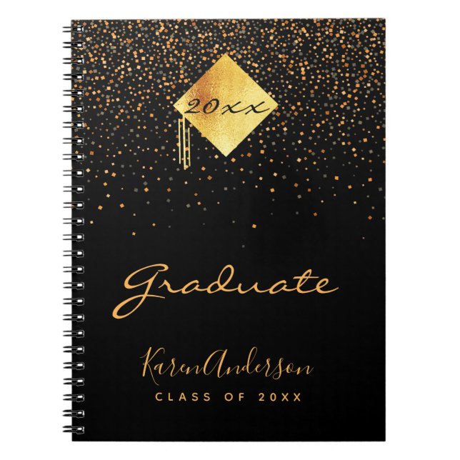 Graduation party graduate black gold confetti notebook (Front)