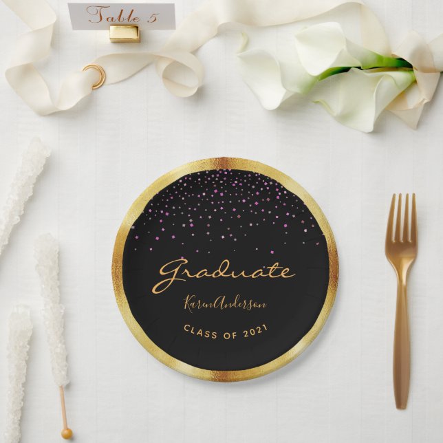 Graduation party graduate black gold purple paper plate (Wedding)