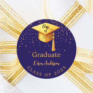Graduation party graduate blue gold cap 2025 classic round sticker