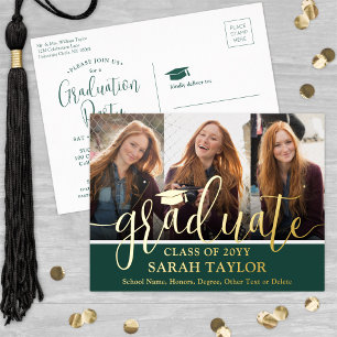 Graduation Party Green 3 Photo Modern Script Foil Invitation Postcard