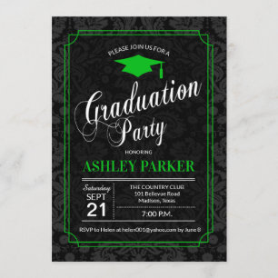 Graduation Party - Green Black White Damask Invitation