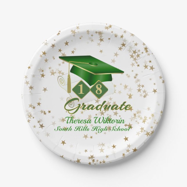 Graduation Party Green & Gold 20XX Paper Plate (Front)