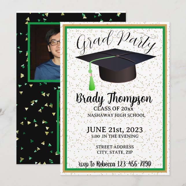 GRADUATION Party-GREEN & GOLD-2 PHOTO Invitation (Front/Back)