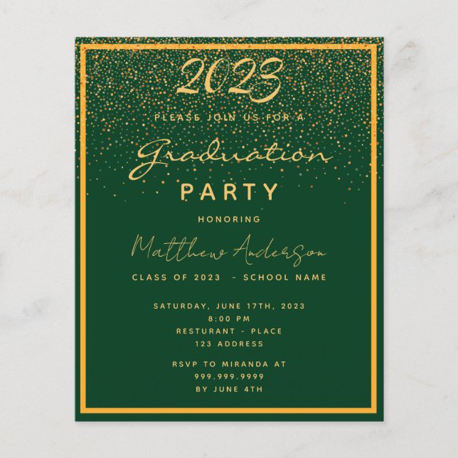 Graduation party green gold budget invitation flyer (Front)